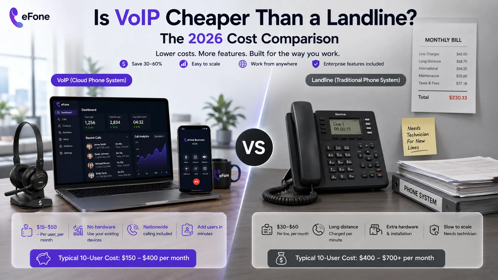 VoIP cheaper than landline monthly cost breakdown for a 20-person business team